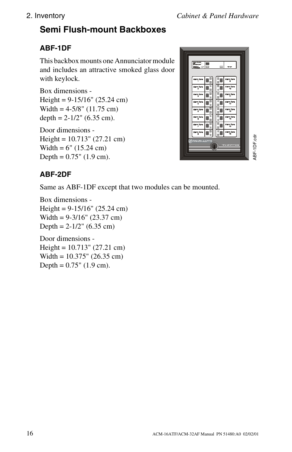 Semi flush-mount backboxes, Abf-1df, Abf-2df | Inventory cabinet & panel hardware | Fire-Lite ACM-32AF Annunciator Modules User Manual | Page 16 / 68