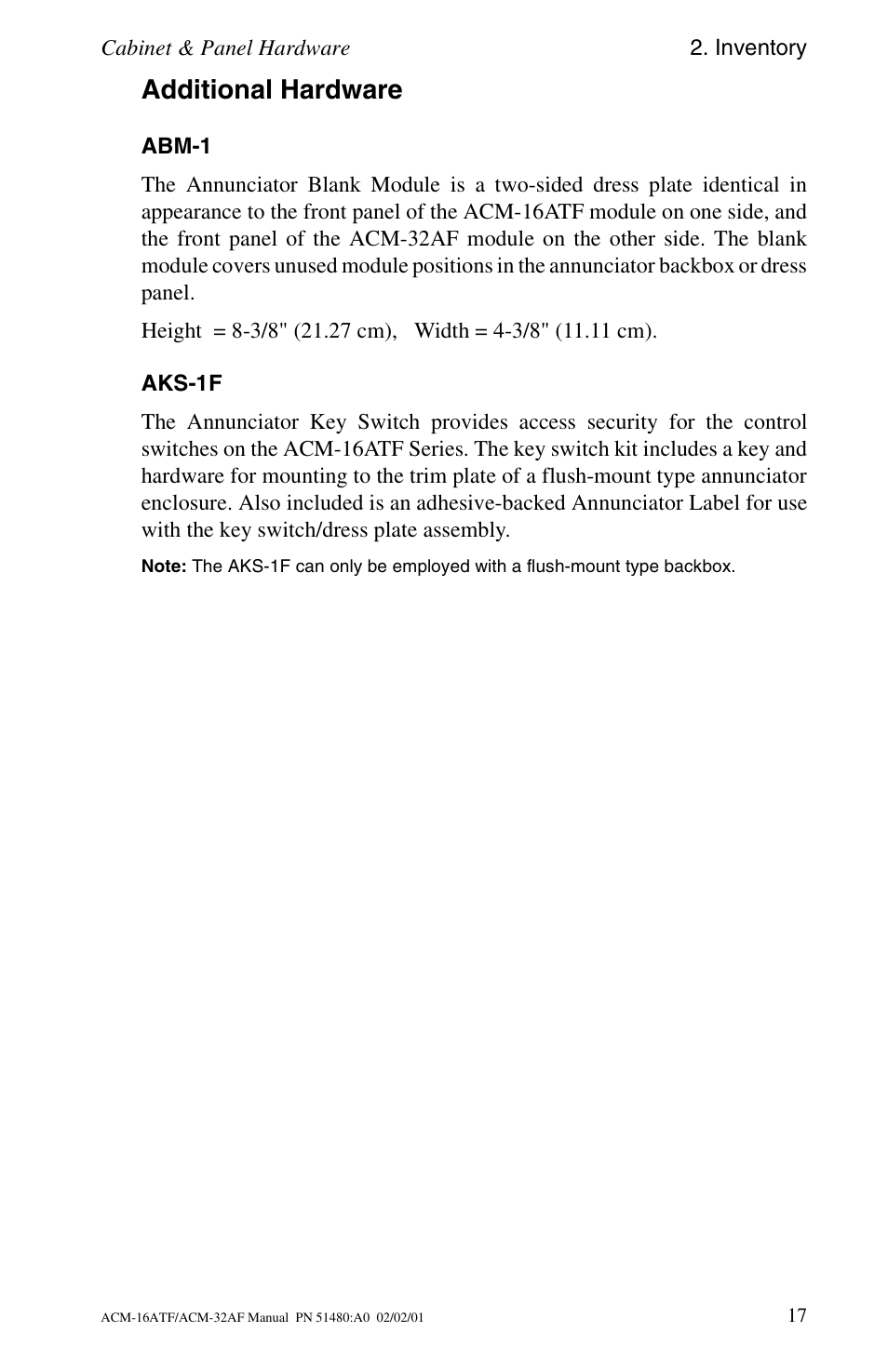 Additional hardware, Abm-1, Aks-1f | Fire-Lite ACM-32AF Annunciator Modules User Manual | Page 17 / 68