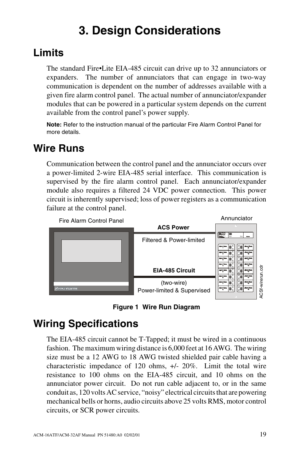 Design considerations, Limits, Wire runs | Wiring specifications | Fire-Lite ACM-32AF Annunciator Modules User Manual | Page 19 / 68