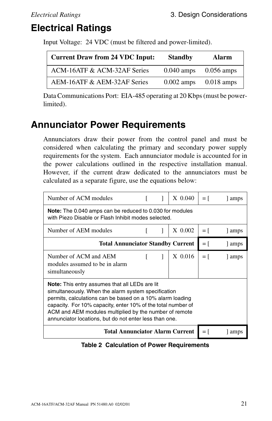 Electrical ratings, Annunciator power requirements | Fire-Lite ACM-32AF Annunciator Modules User Manual | Page 21 / 68