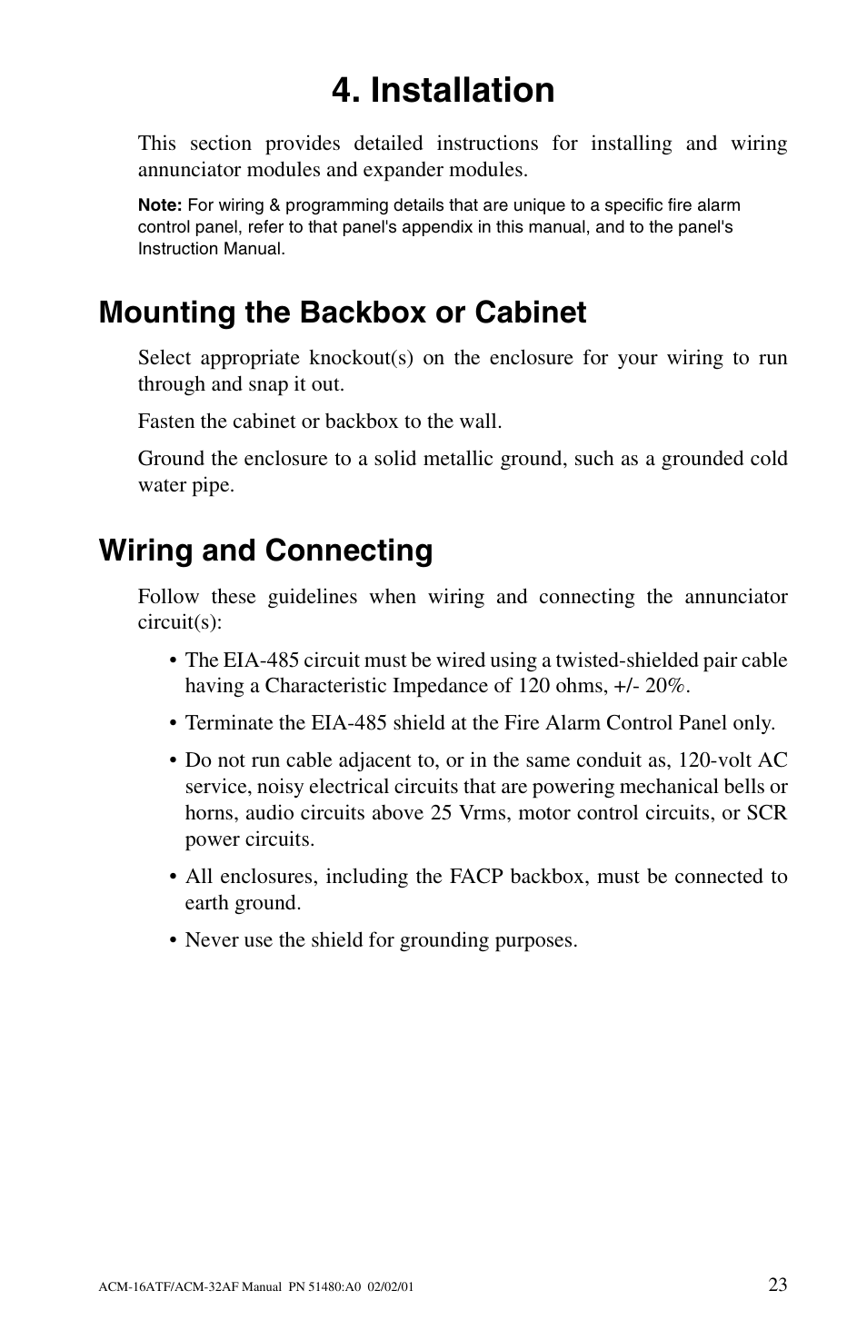 Installation, Mounting the backbox or cabinet, Wiring and connecting | Fire-Lite ACM-32AF Annunciator Modules User Manual | Page 23 / 68