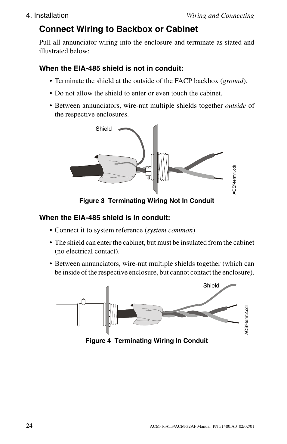 Connect wiring to backbox or cabinet, When the eia-485 shield is not in conduit, When the eia-485 shield is in conduit | Installation wiring and connecting | Fire-Lite ACM-32AF Annunciator Modules User Manual | Page 24 / 68