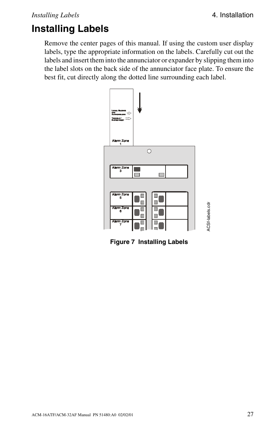 Installing labels, Installing labels 4. installation | Fire-Lite ACM-32AF Annunciator Modules User Manual | Page 27 / 68