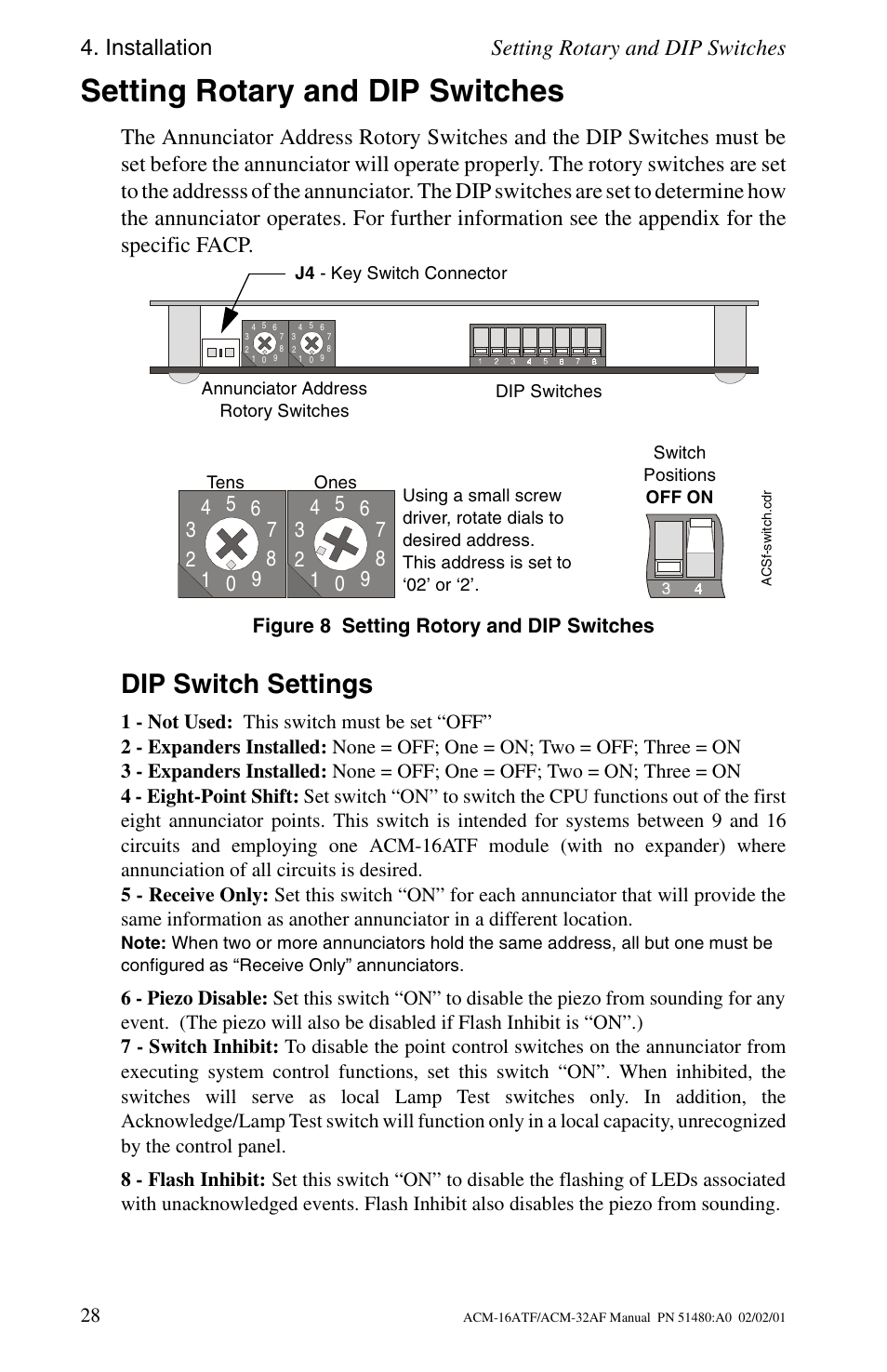 Setting rotary and dip switches, Dip switch settings, Installation setting rotary and dip switches | Fire-Lite ACM-32AF Annunciator Modules User Manual | Page 28 / 68