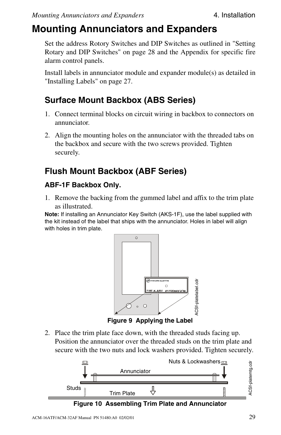 Mounting annunciators and expanders, Surface mount backbox (abs series), Flush mount backbox (abf series) | Abf-1f backbox only | Fire-Lite ACM-32AF Annunciator Modules User Manual | Page 29 / 68