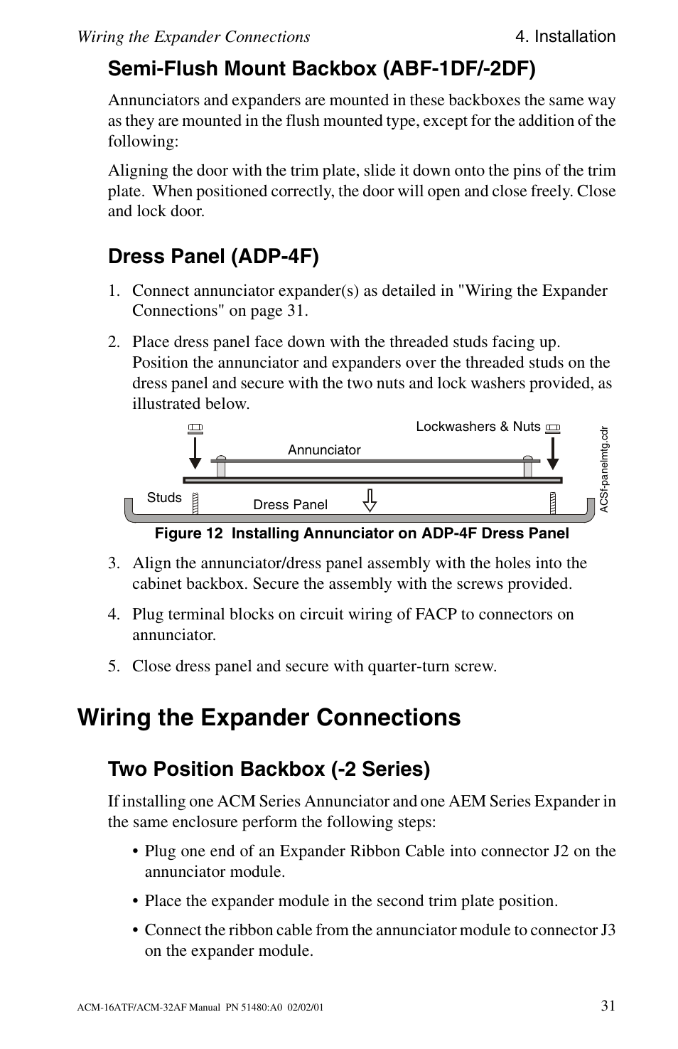 Semi-flush mount backbox (abf-1df/-2df), Dress panel (adp-4f), Wiring the expander connections | Two position backbox (-2 series), Wiring the expander | Fire-Lite ACM-32AF Annunciator Modules User Manual | Page 31 / 68