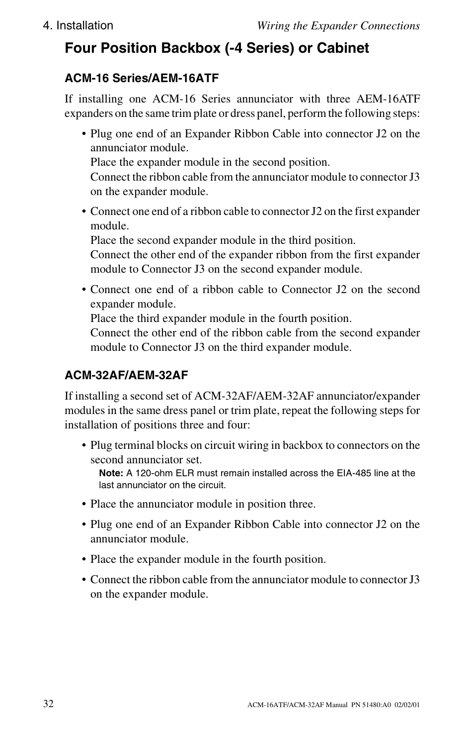 Four position backbox (-4 series) or cabinet, Acm-16 series/aem-16atf, Acm-32af/aem-32af | Fire-Lite ACM-32AF Annunciator Modules User Manual | Page 32 / 68