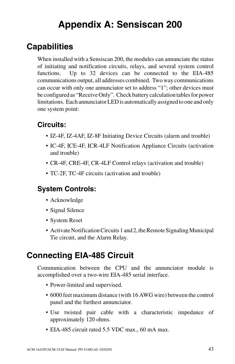 Appendix a: sensiscan 200, Capabilities, Circuits | System controls, Connecting eia-485 circuit | Fire-Lite ACM-32AF Annunciator Modules User Manual | Page 43 / 68