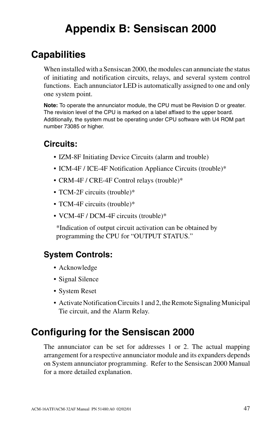 Appendix b: sensiscan 2000, Capabilities, Circuits | System controls, Configuring for the sensiscan 2000 | Fire-Lite ACM-32AF Annunciator Modules User Manual | Page 47 / 68