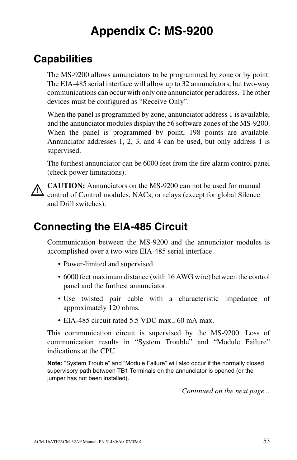 Appendix c: ms-9200, Capabilities, Connecting the eia-485 circuit | Fire-Lite ACM-32AF Annunciator Modules User Manual | Page 53 / 68