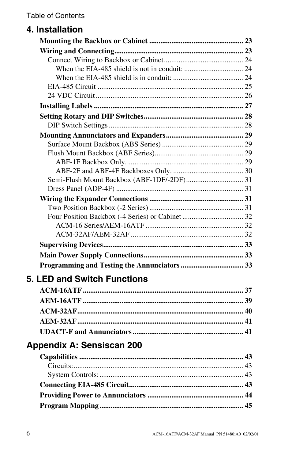 Installation, Led and switch functions, Appendix a: sensiscan 200 | Fire-Lite ACM-32AF Annunciator Modules User Manual | Page 6 / 68