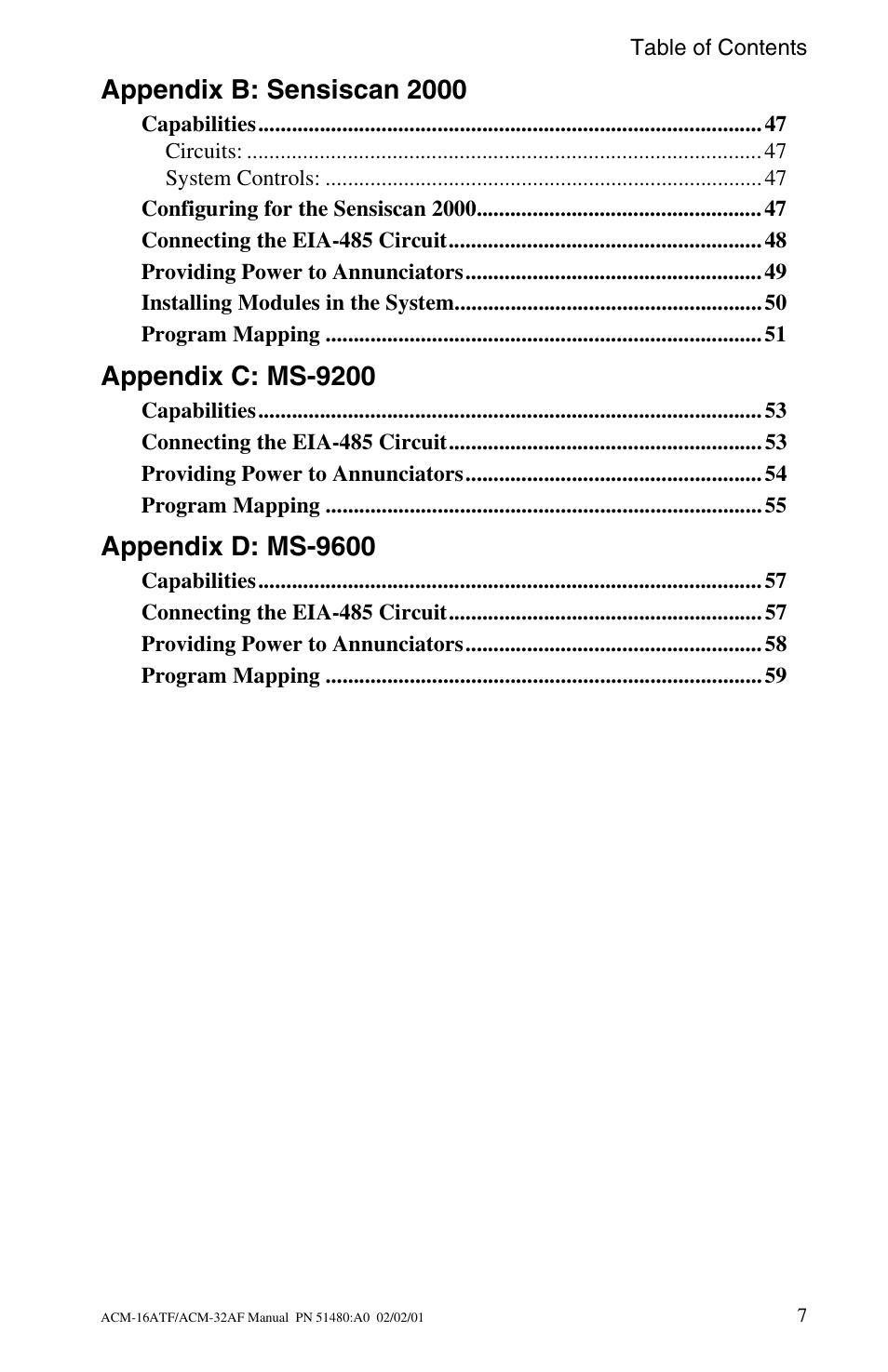 Appendix b: sensiscan 2000, Appendix c: ms-9200, Appendix d: ms-9600 | Fire-Lite ACM-32AF Annunciator Modules User Manual | Page 7 / 68