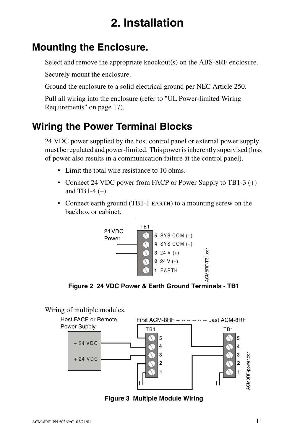 Installation, Mounting the enclosure, Wiring the power terminal blocks | Wiring of multiple modules | Fire-Lite ACM-8RF Control Relay Module User Manual | Page 11 / 48