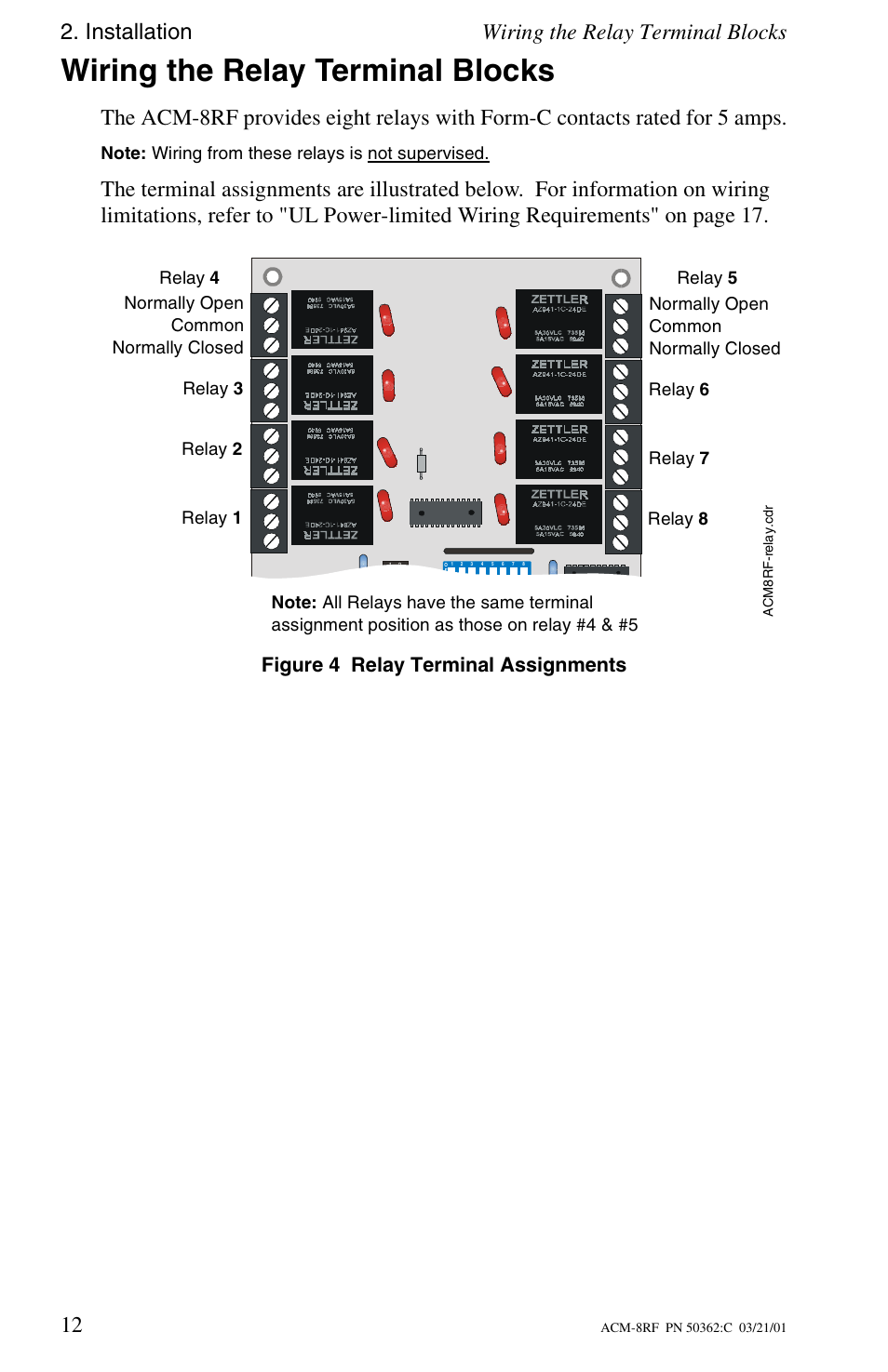 Wiring the relay terminal blocks, Installation wiring the relay terminal blocks 12, Figure 4 relay terminal assignments | Fire-Lite ACM-8RF Control Relay Module User Manual | Page 12 / 48