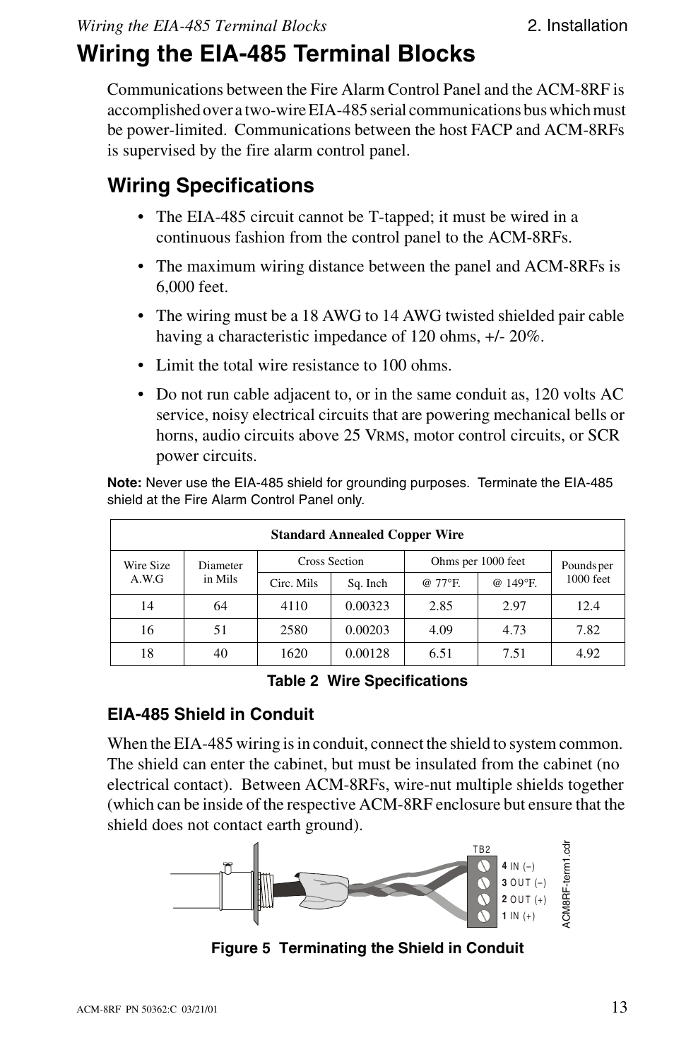 Wiring the eia-485 terminal blocks, Wiring specifications, Eia-485 shield in conduit | Wiring the eia-485 terminal blocks 2. installation, Motor control circuits, or scr power circuits | Fire-Lite ACM-8RF Control Relay Module User Manual | Page 13 / 48