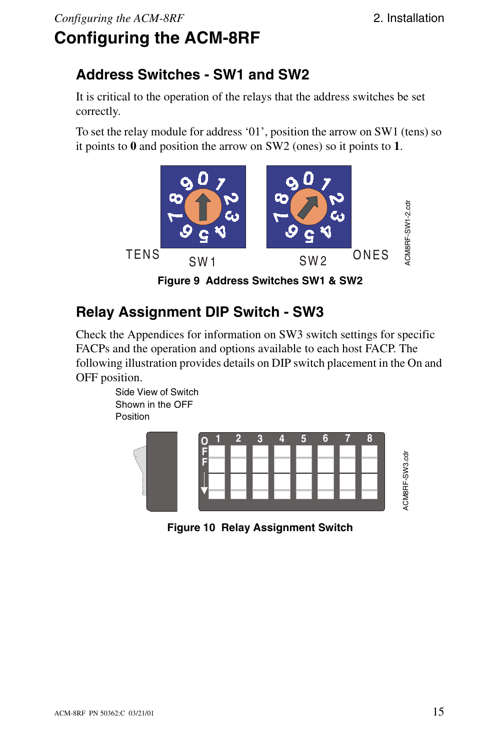 Configuring the acm-8rf, Address switches - sw1 and sw2, Relay assignment dip switch - sw3 | Configuring the acm-8rf 2. installation | Fire-Lite ACM-8RF Control Relay Module User Manual | Page 15 / 48