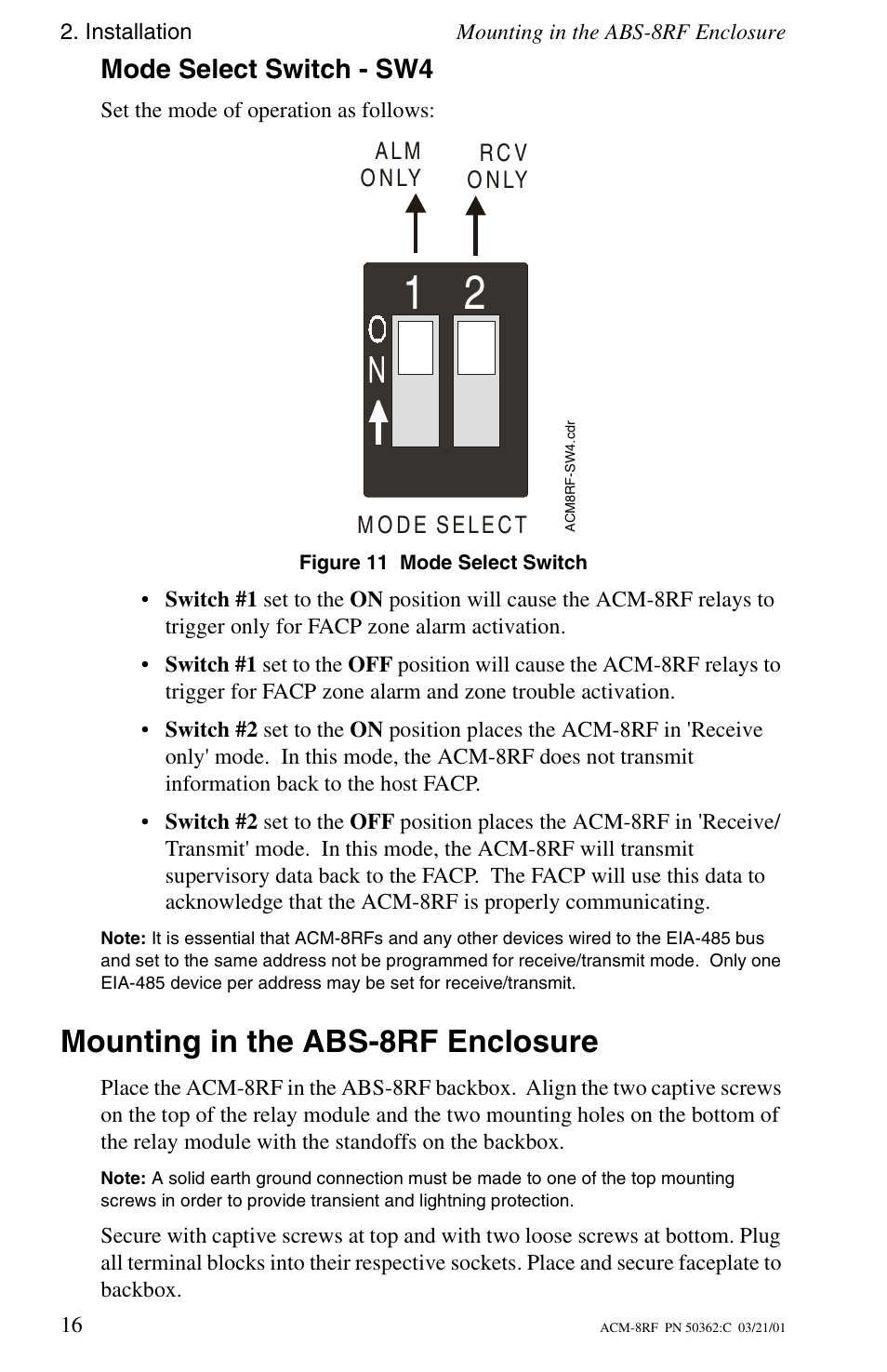 Mode select switch - sw4, Mounting in the abs-8rf enclosure | Fire-Lite ACM-8RF Control Relay Module User Manual | Page 16 / 48