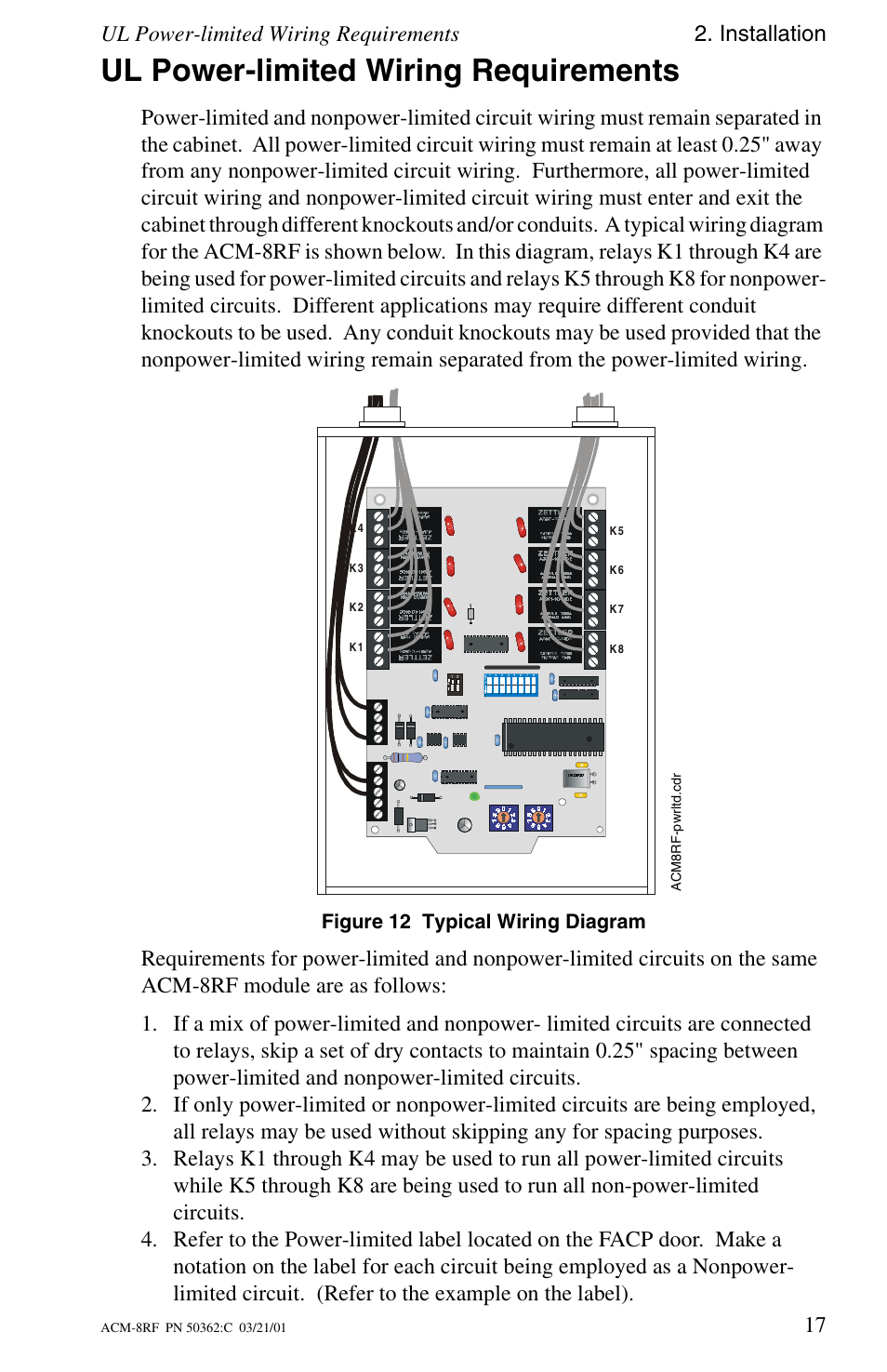 Ul power-limited wiring requirements, Figure 12 typical wiring diagram | Fire-Lite ACM-8RF Control Relay Module User Manual | Page 17 / 48