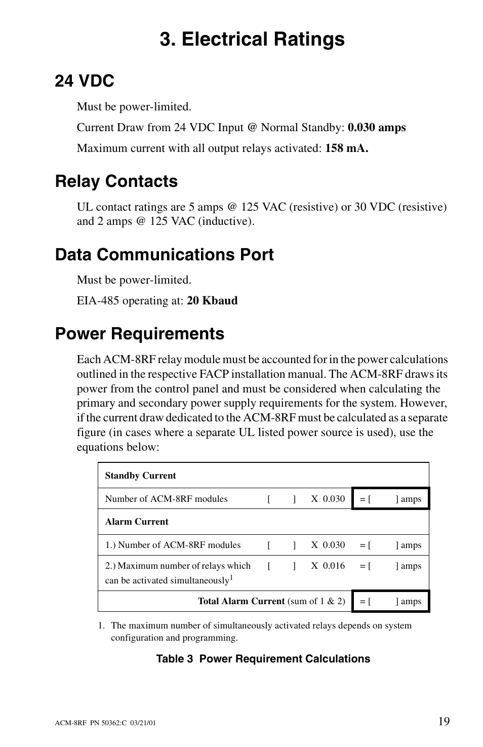 Electrical ratings, 24 vdc, Relay contacts | Data communications port, Power requirements | Fire-Lite ACM-8RF Control Relay Module User Manual | Page 19 / 48