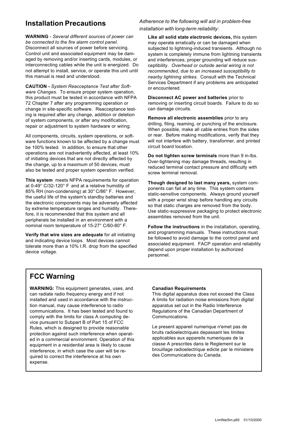 Fcc warning, Installation precautions | Fire-Lite ACM-8RF Control Relay Module User Manual | Page 3 / 48