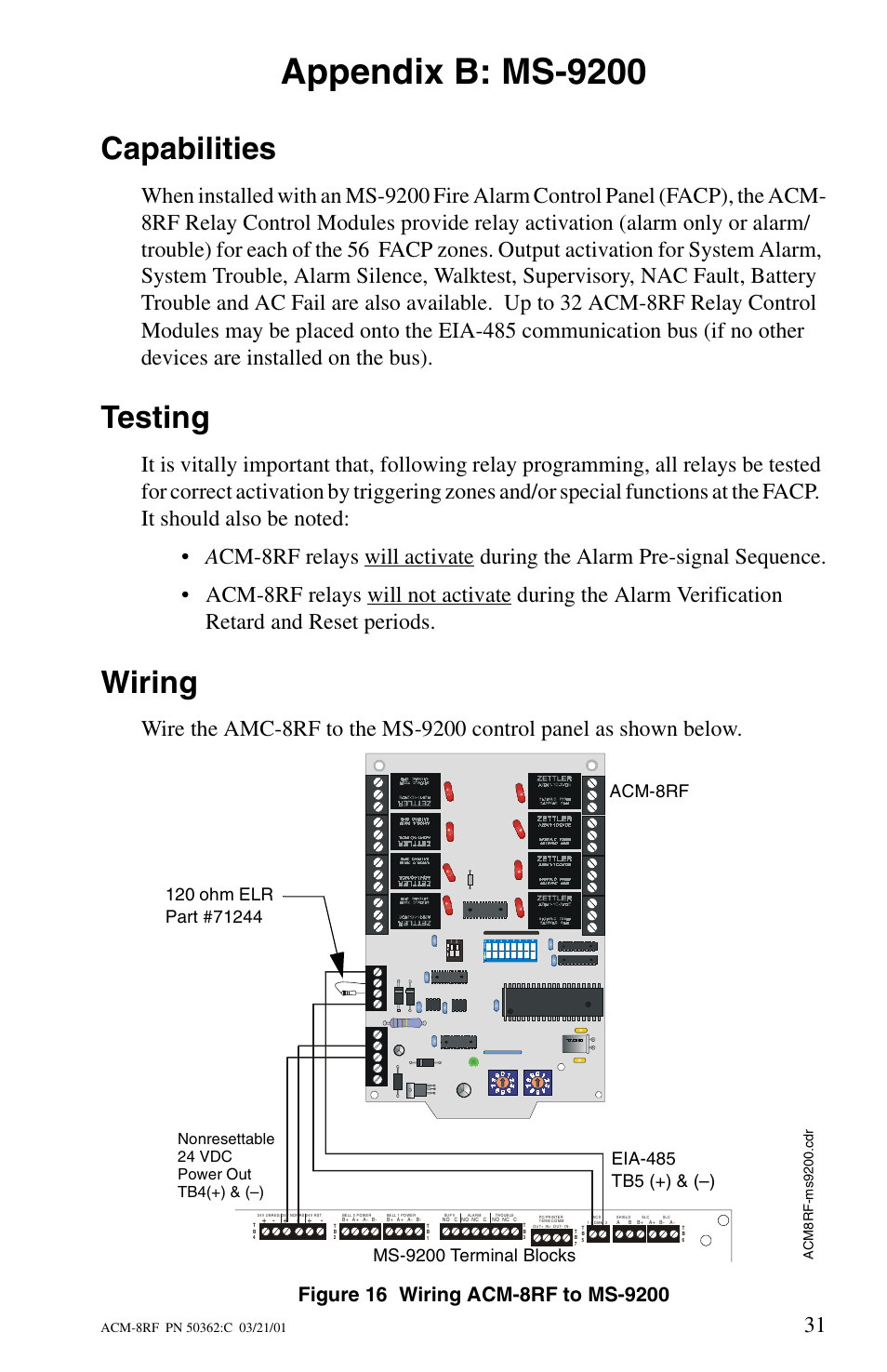 Appendix b: ms-9200, Capabilities, Testing | Wiring, Ms-9200 terminal blocks, Nonresettable 24 vdc power out tb4(+) & (–) | Fire-Lite ACM-8RF Control Relay Module User Manual | Page 31 / 48