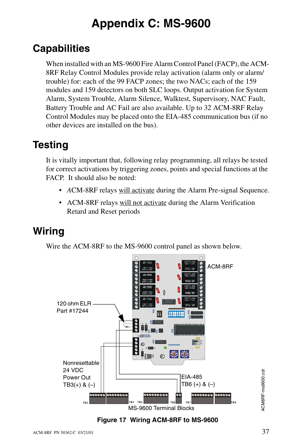 Appendix c: ms-9600, Capabilities, Testing | Wiring | Fire-Lite ACM-8RF Control Relay Module User Manual | Page 37 / 48