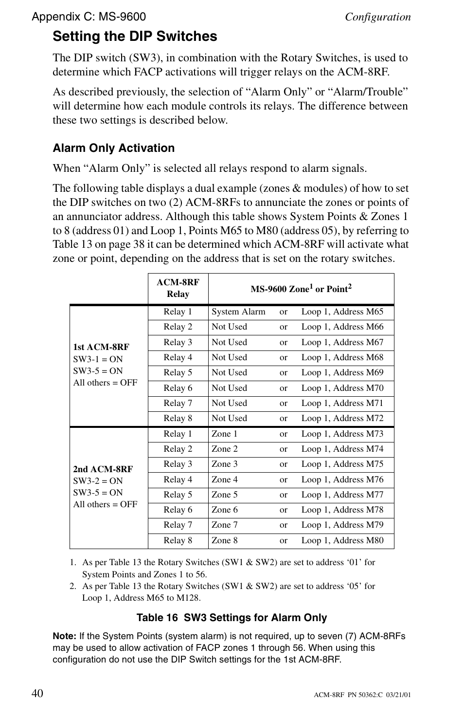 Setting the dip switches, Alarm only activation | Fire-Lite ACM-8RF Control Relay Module User Manual | Page 40 / 48