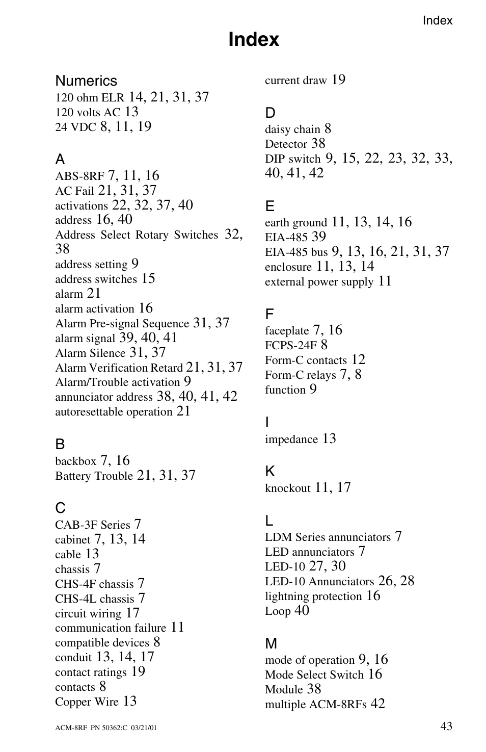 Index | Fire-Lite ACM-8RF Control Relay Module User Manual | Page 43 / 48