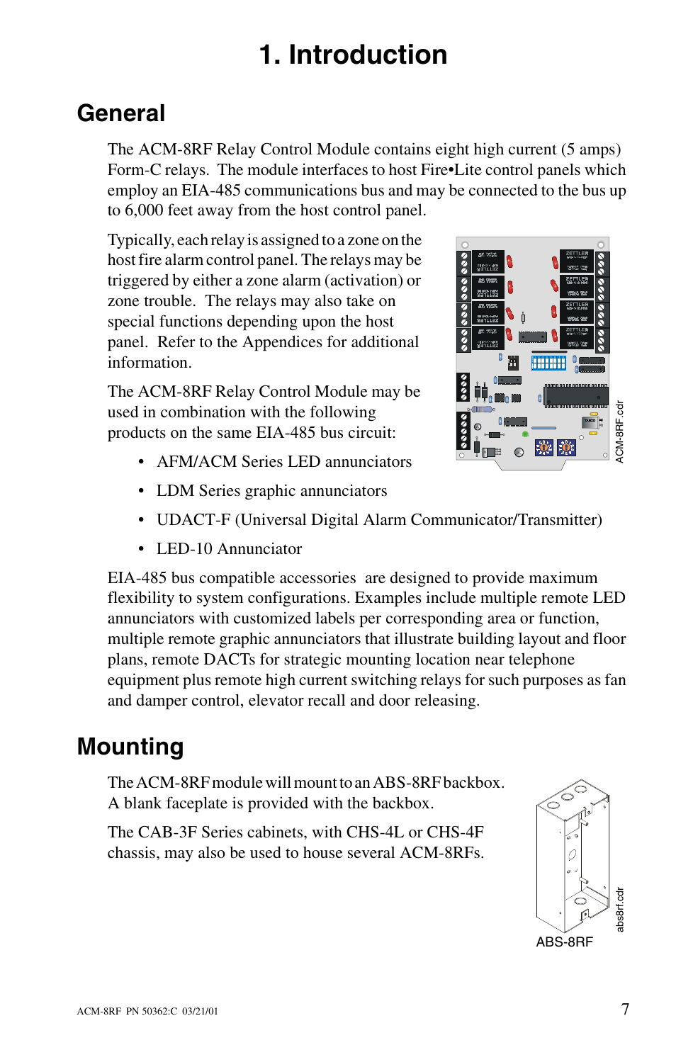 Introduction, General, Mounting | Abs-8rf | Fire-Lite ACM-8RF Control Relay Module User Manual | Page 7 / 48