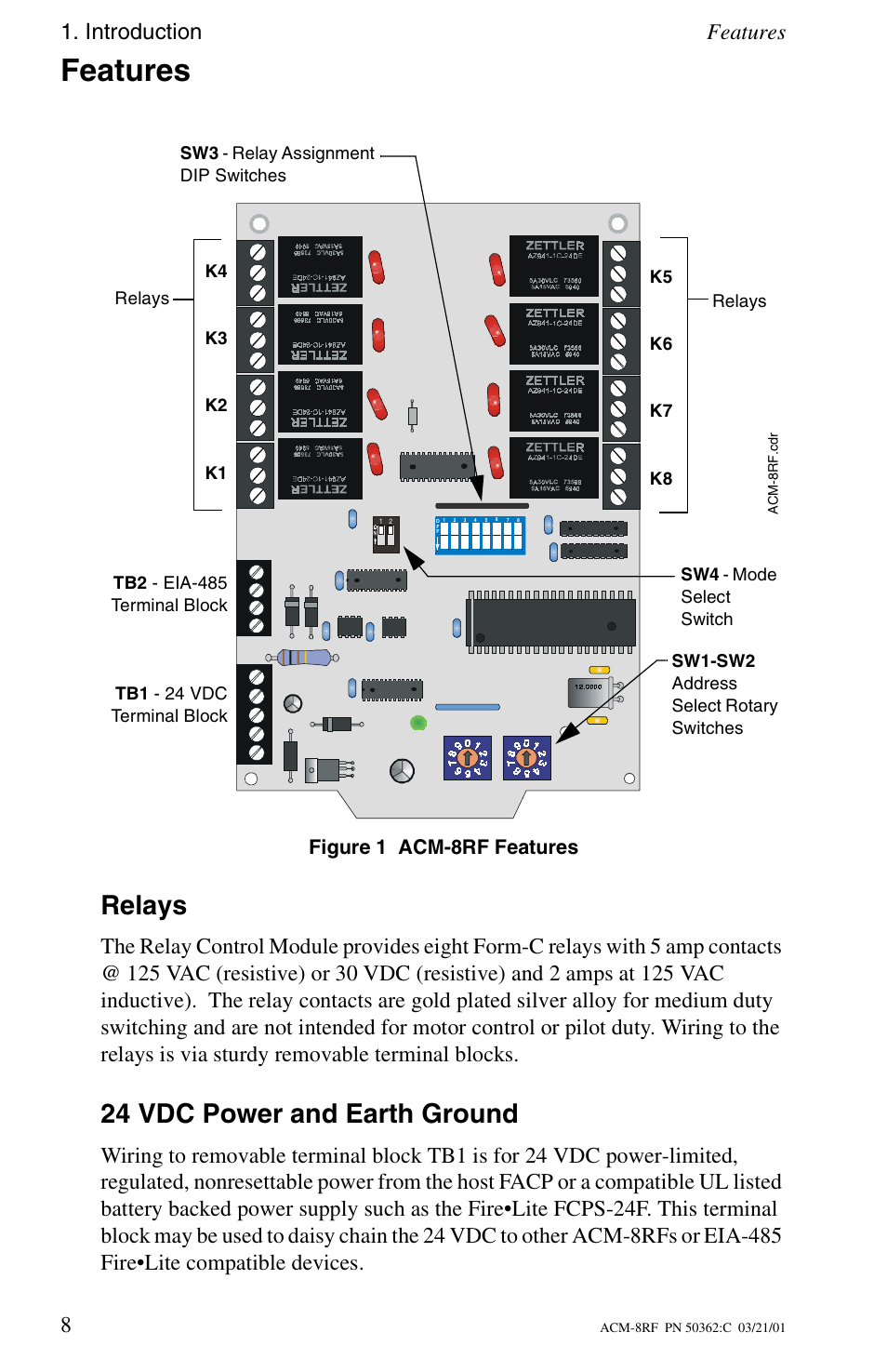 Features, Relays, 24 vdc power and earth ground | Introduction features 8, Figure 1 acm-8rf features | Fire-Lite ACM-8RF Control Relay Module User Manual | Page 8 / 48