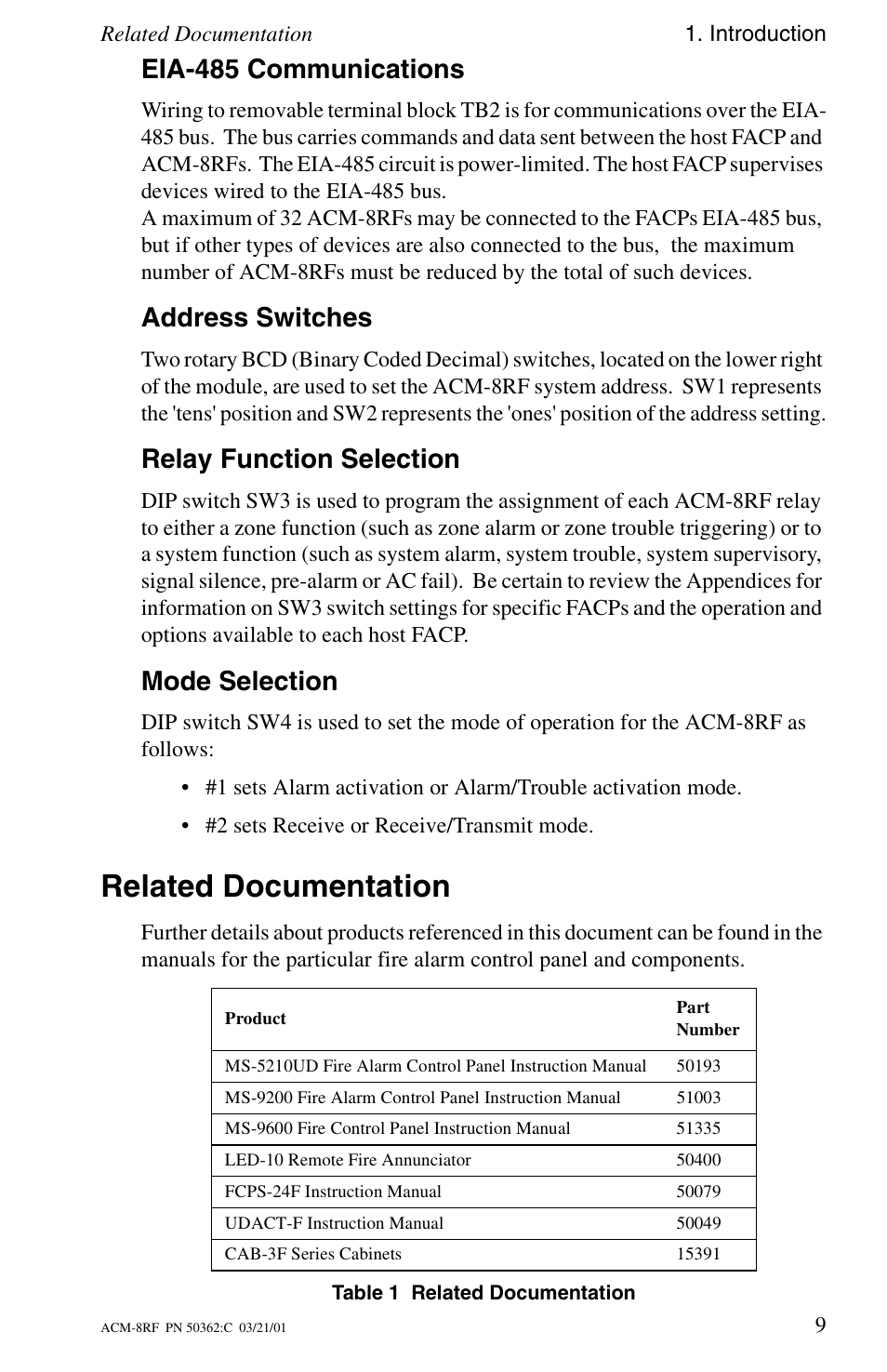 Eia-485 communications, Address switches, Relay function selection | Mode selection, Related documentation | Fire-Lite ACM-8RF Control Relay Module User Manual | Page 9 / 48
