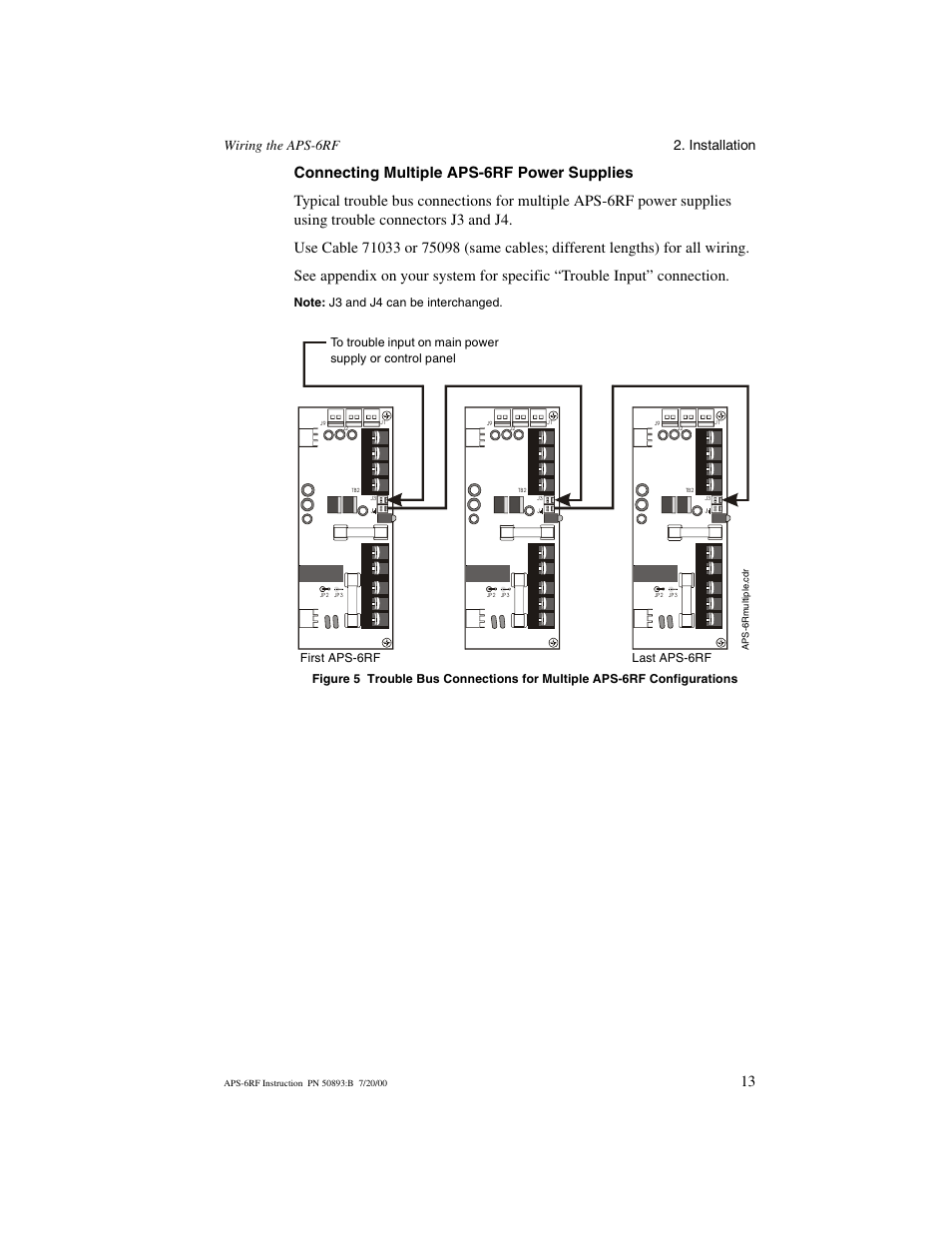 Connecting multiple aps6rf power supplies, Wiring the aps-6rf 2. installation | Fire-Lite APS-6RF Auxiliary Power Supply User Manual | Page 13 / 28