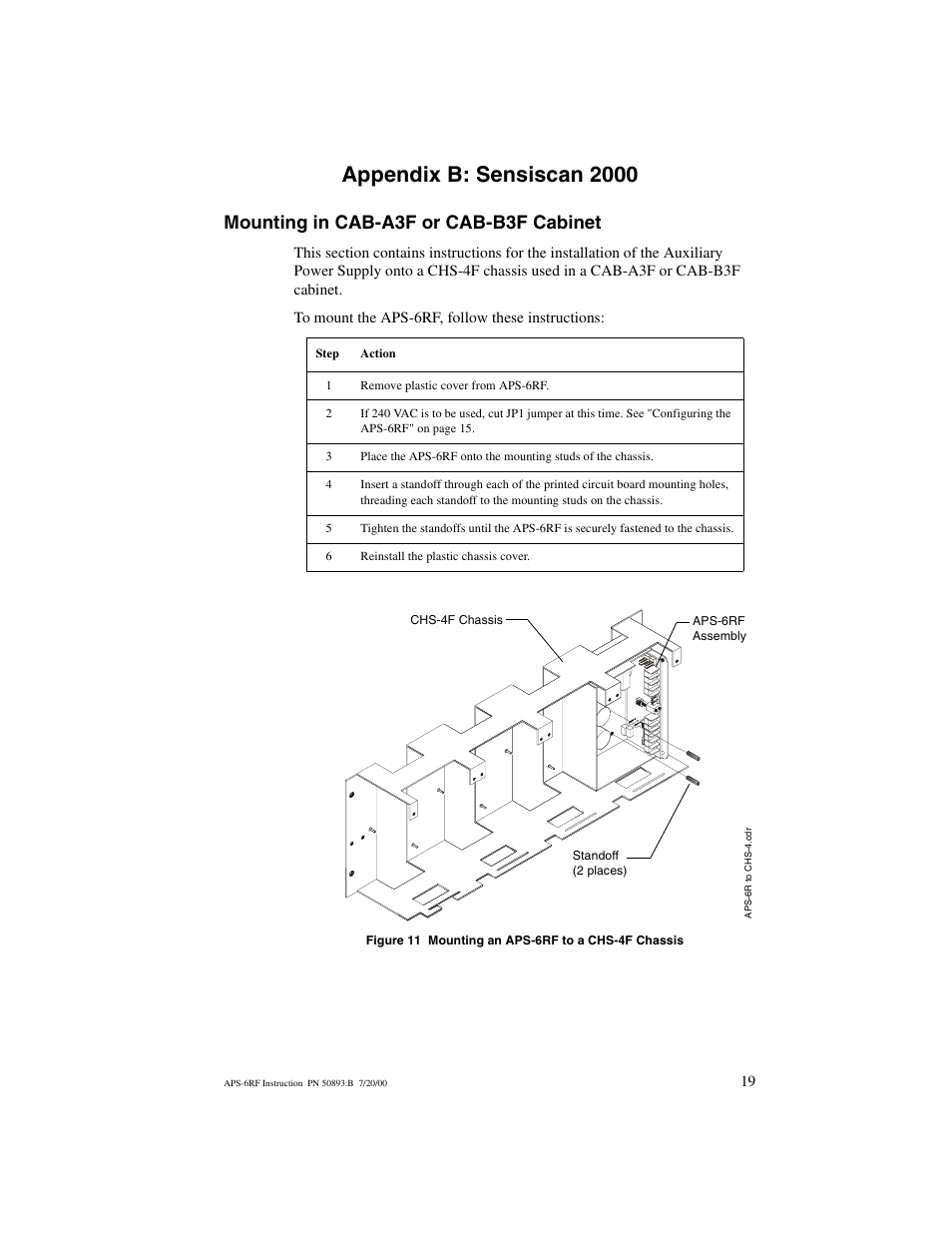 Appendix b: sensiscan 2000, Mounting in cab-a3f or cab-b3f cabinet | Fire-Lite APS-6RF Auxiliary Power Supply User Manual | Page 19 / 28