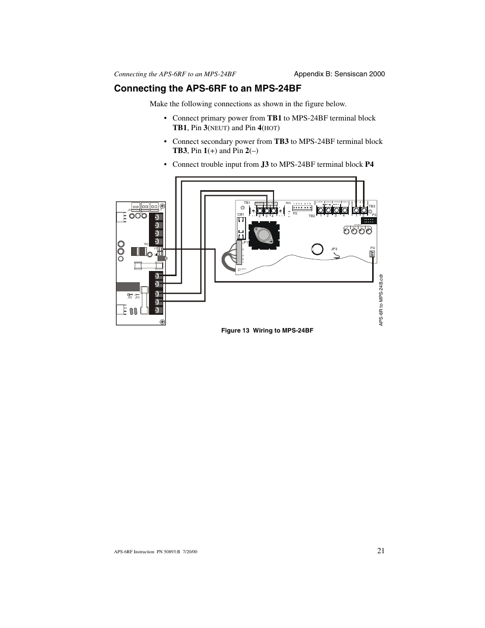 Connecting the aps-6rf to an mps-24bf, And pin 4, Neut | Figure 13 wiring to mps-24bf | Fire-Lite APS-6RF Auxiliary Power Supply User Manual | Page 21 / 28