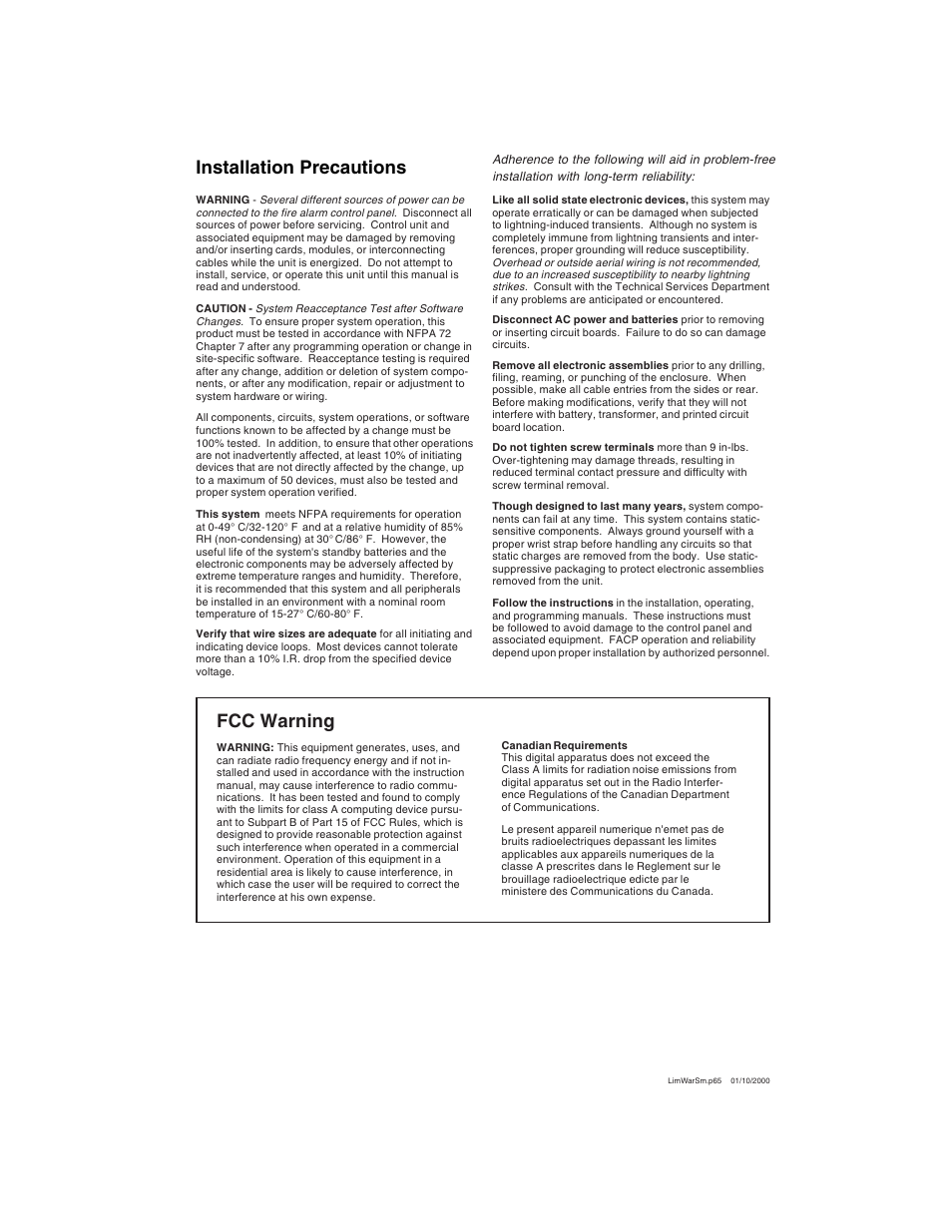 Fcc warning, Installation precautions | Fire-Lite APS-6RF Auxiliary Power Supply User Manual | Page 3 / 28