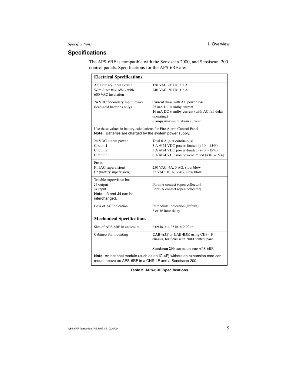 Specifications | Fire-Lite APS-6RF Auxiliary Power Supply User Manual | Page 9 / 28