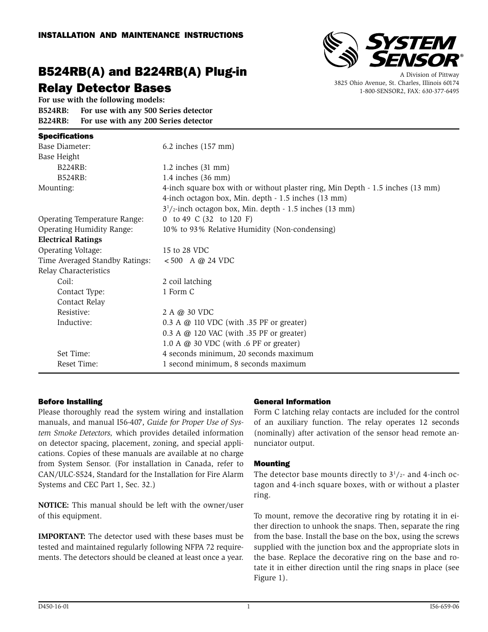 Fire-Lite B224RB(A) Plug-in Relay Detector Bases User Manual | 4 pages