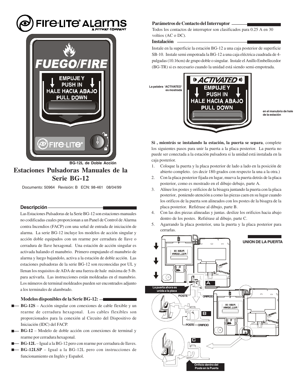 Estaciones pulsadoras manuales de la serie bg-12, Bc a b | Fire-Lite BG-12 Series Manual Pull Stations User Manual | Page 3 / 4