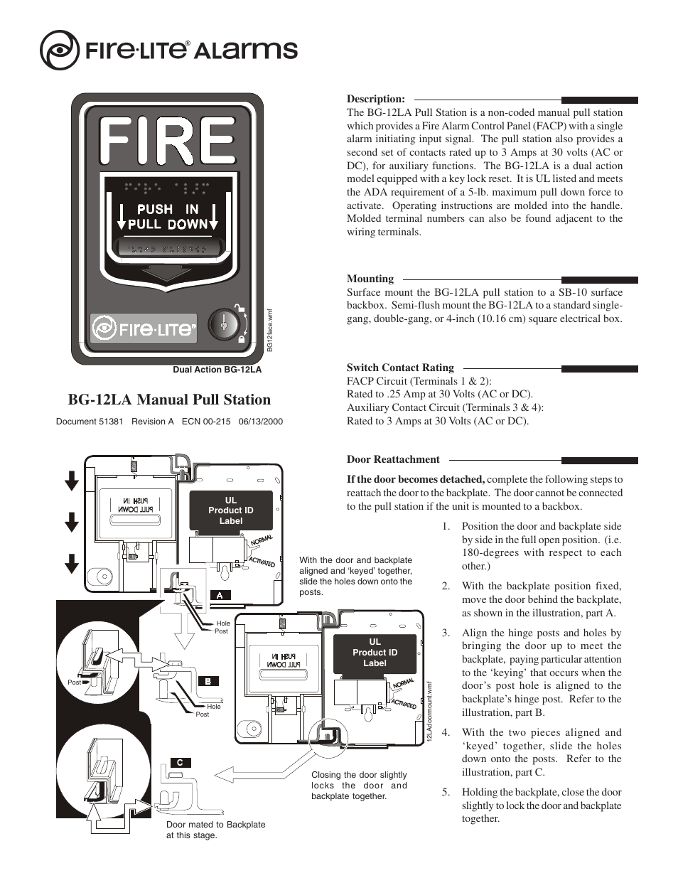 Fire-Lite BG-12LA Manual Pull Station User Manual | 2 pages