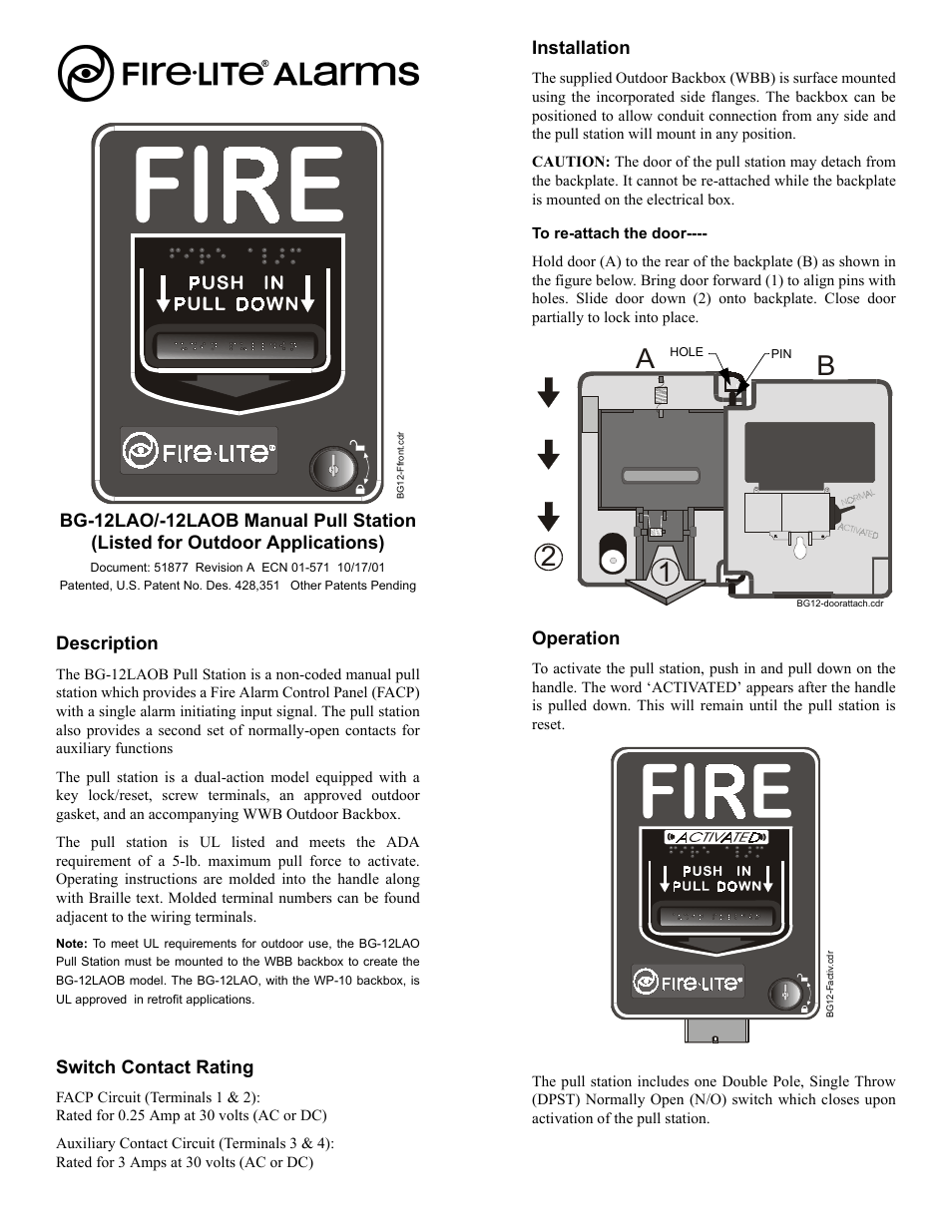 Fire-Lite BG-12LAOB Manual Pull Station User Manual | 2 pages