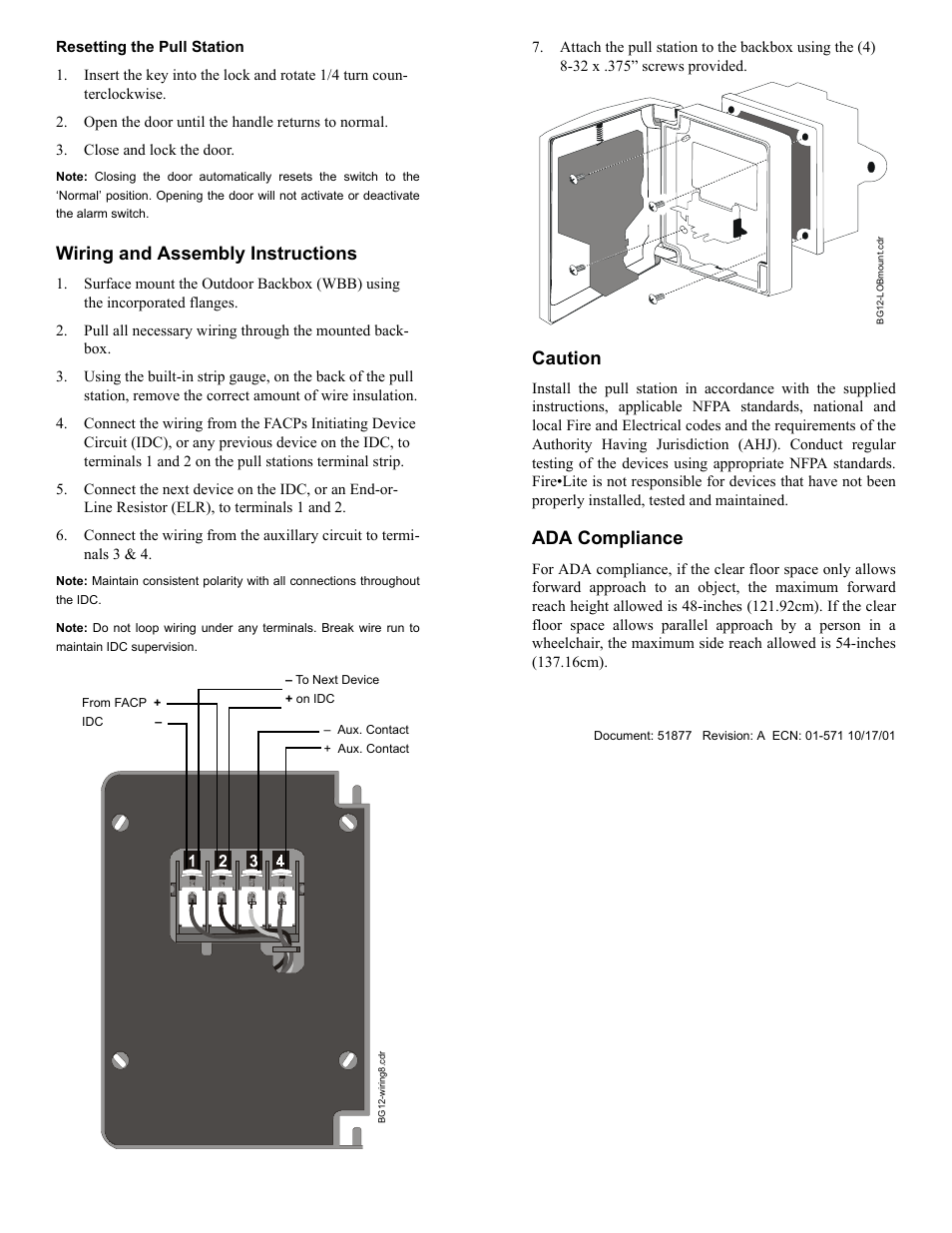 Wiring and assembly instructions, Caution, Ada compliance | Fire-Lite BG-12LAOB Manual Pull Station User Manual | Page 2 / 2