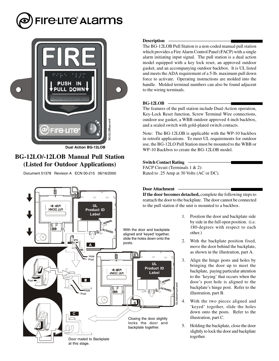 Fire-Lite BG-12LOB Manual Pull Station User Manual | 2 pages