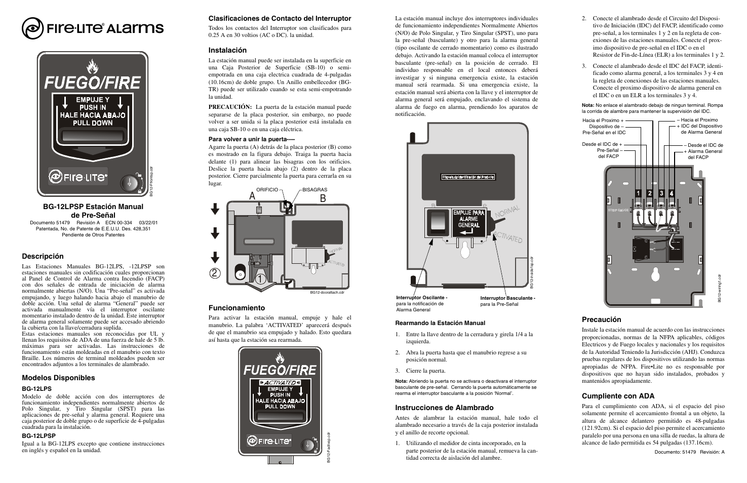 Ab 1 2, Bg-12lpsp estación manual de pre-señal, Descripción | Modelos disponibles, Instalación, Funcionamiento, Instrucciones de alambrado, Precaución, Cumpliente con ada, Clasificaciones de contacto del interruptor | Fire-Lite BG-12LPS Pre-Signal Manual Pull Station User Manual | Page 2 / 2