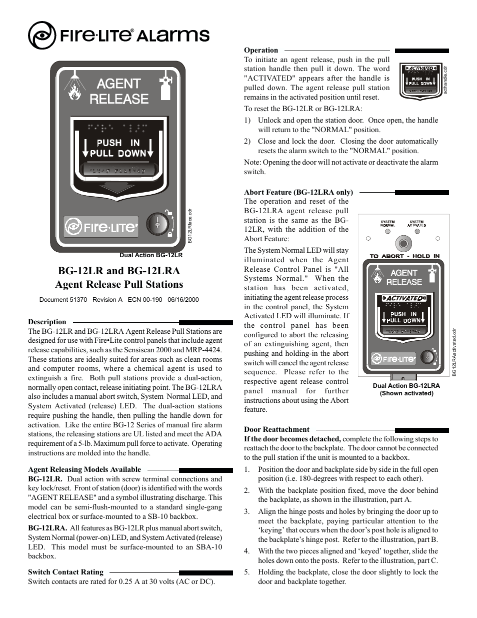 Fire-Lite BG-12LRA Agent Release Pull Station User Manual | 2 pages