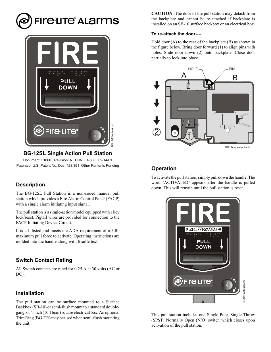 Fire-Lite BG-12SL Single Action Pull Station User Manual | 2 pages