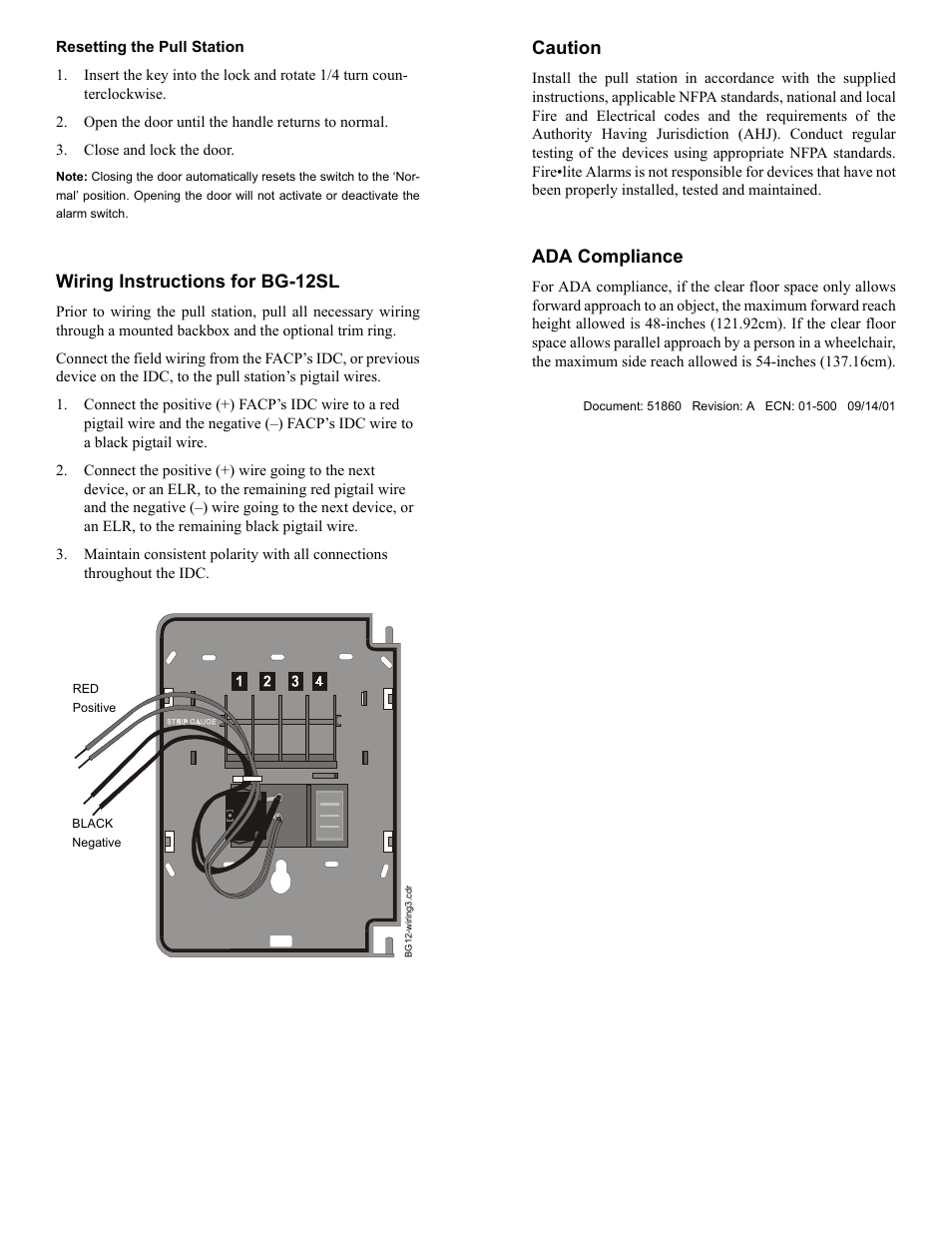 Wiring instructions for bg-12sl, Caution, Ada compliance | Fire-Lite BG-12SL Single Action Pull Station User Manual | Page 2 / 2