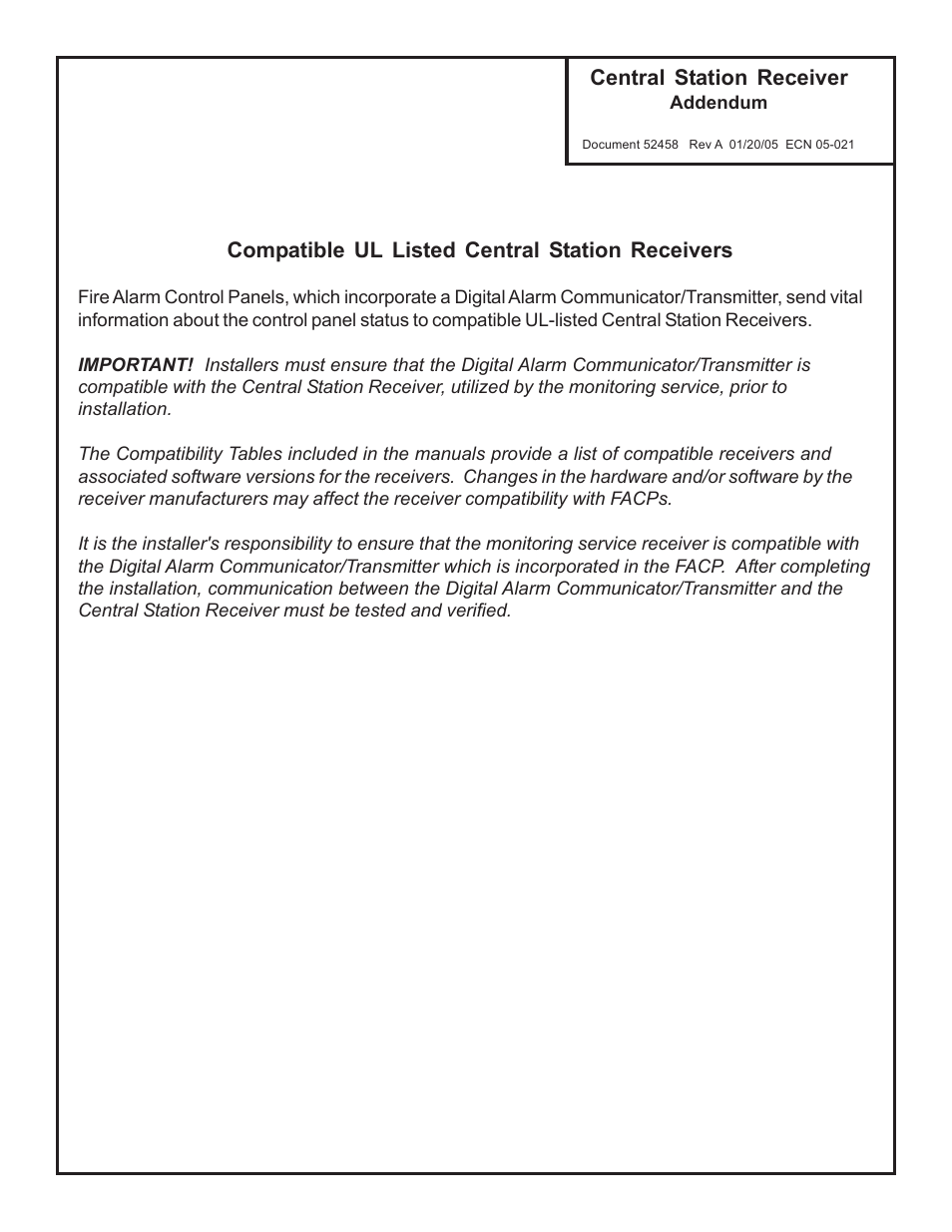 Fire-Lite Central Station Receiver User Manual | 1 page