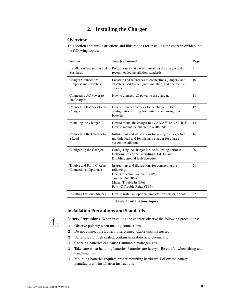 Installing the charger, Overview, Installation precautions and standards | Fire-Lite CHG-120F Battery Charger User Manual | Page 9 / 28