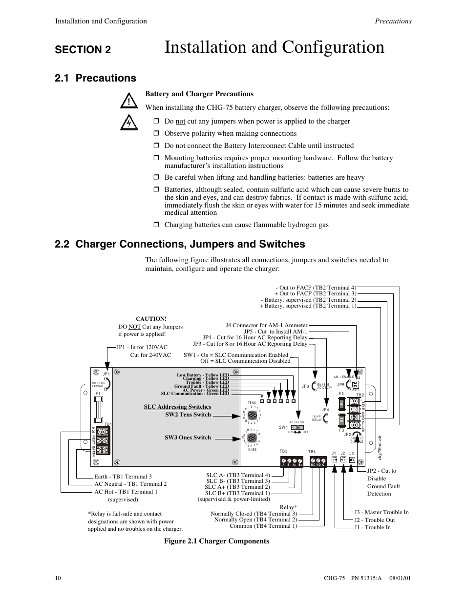 Installation and configuration, 1 precautions, 2 charger connections, jumpers and switches | Installation and configuration precautions, Figure 2.1 charger components | Fire-Lite CHG-75 Battery Charger User Manual | Page 10 / 32