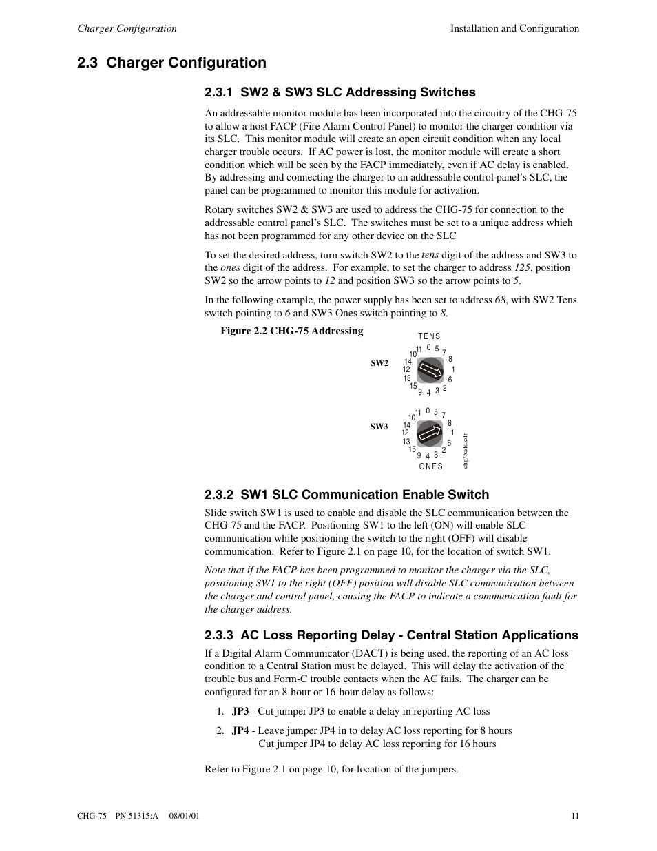 3 charger configuration, 1 sw2 & sw3 slc addressing switches, 2 sw1 slc communication enable switch | Fire-Lite CHG-75 Battery Charger User Manual | Page 11 / 32